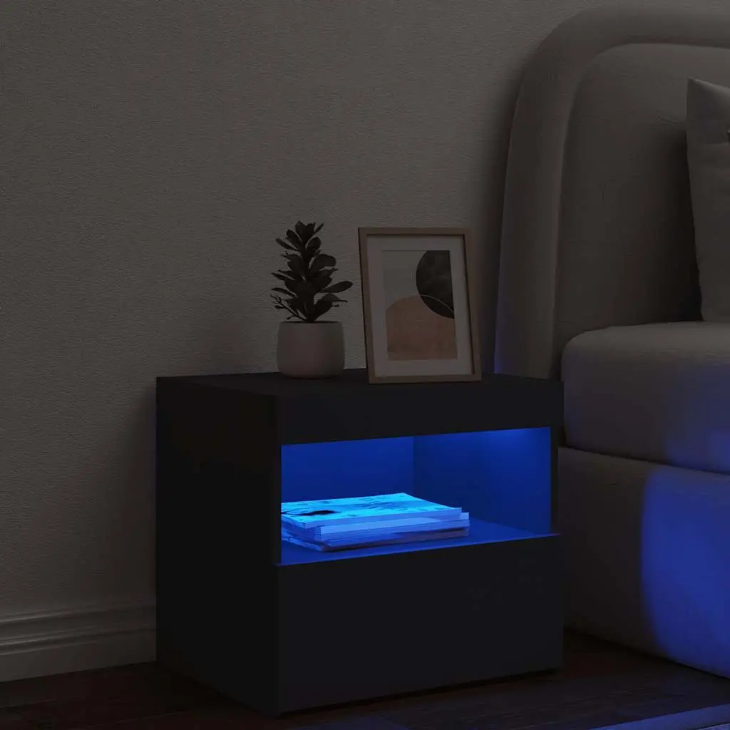 Bedside Cabinet Black Modern with RGB LED Lights Adjustable Ambiance