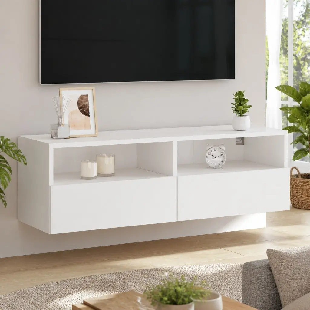 TV Wall Cabinet White Floating Media Unit Storage Shelves Wall-Mounted 2 Shelves 2 Compartments
