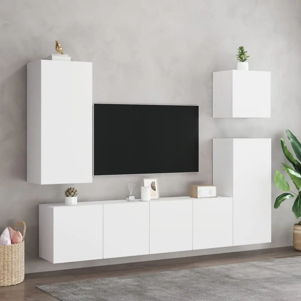 TV Wall Cabinet White Wall-Mounted Floating Media Unit with 3 Storage Compartments