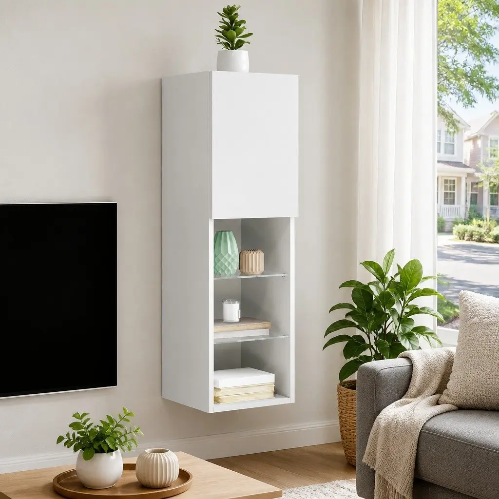 TV Cabinet with RGB LED Lights Wall-Mounted Media Unit Storage White