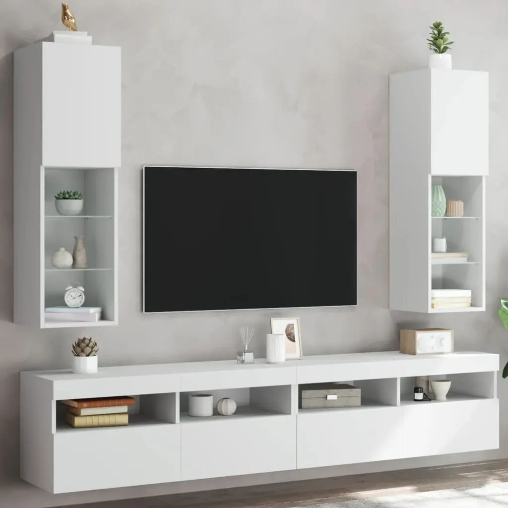 TV Cabinet with RGB LED Lights Wall-Mounted Storage Unit White 30.5x30x102cm