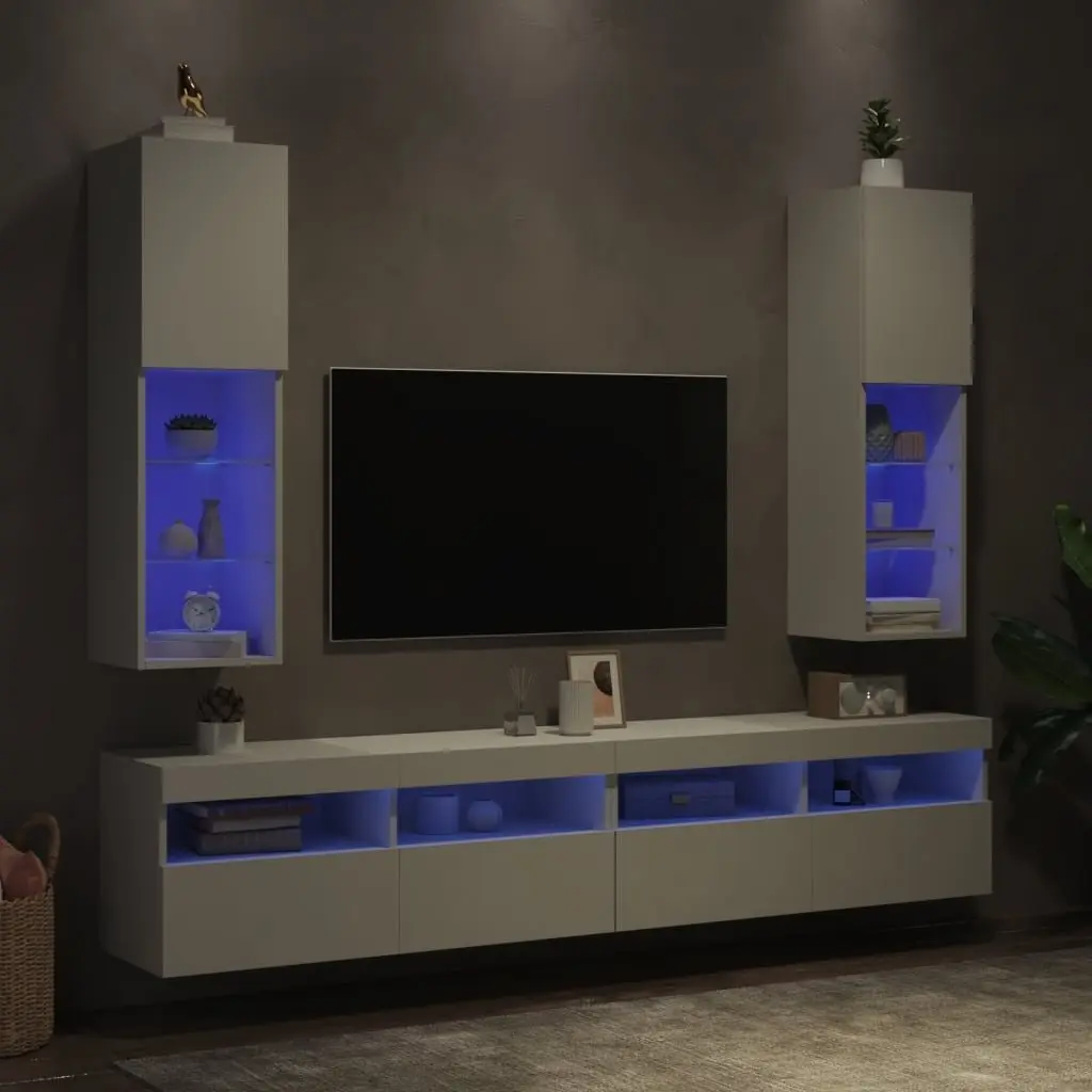 TV Cabinet with RGB LED Lights Wall-Mounted Storage Unit White 30.5x30x102cm
