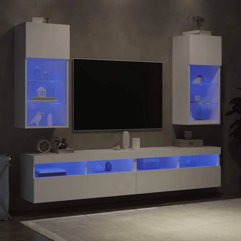TV Cabinets White 40.5x30x90cm Wall-Mounted with RGB LED Lights Set of 2
