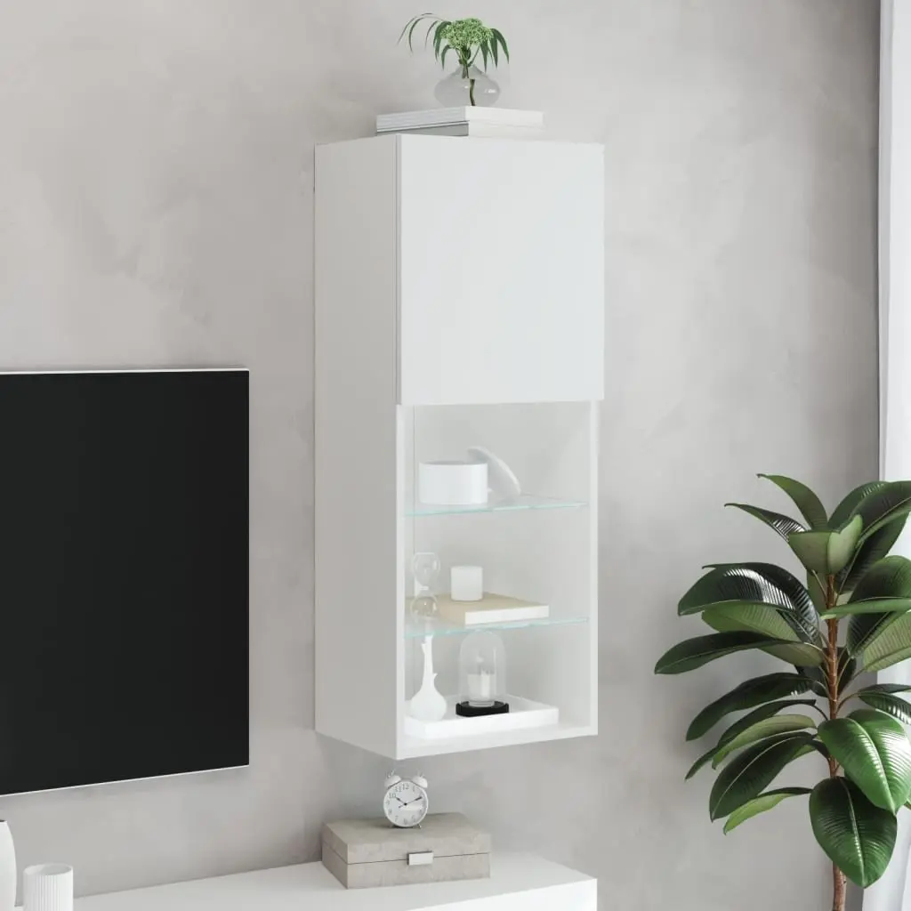 TV Cabinet White Wall-Mounted with RGB LED Lights Storage Unit