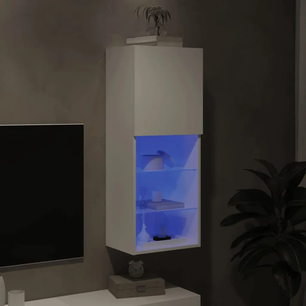 TV Cabinet White Wall-Mounted with RGB LED Lights Storage Unit