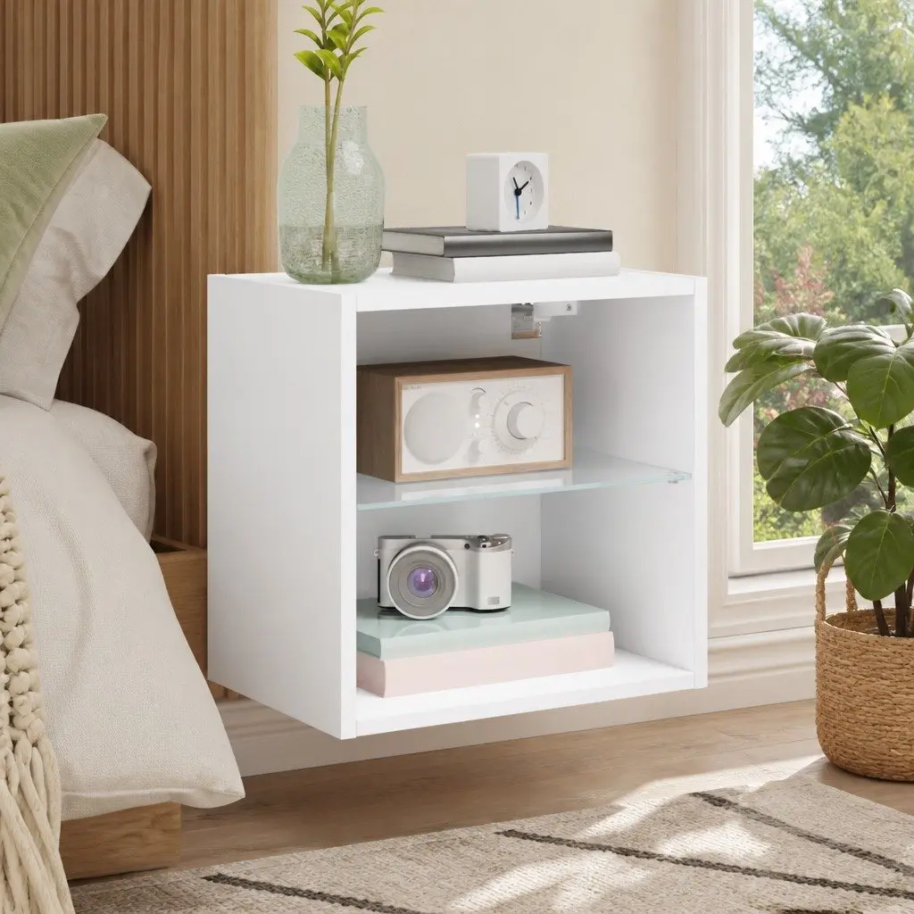 Bedside Cabinet White Wall-mounted with RGB LED Lights Storage Furniture