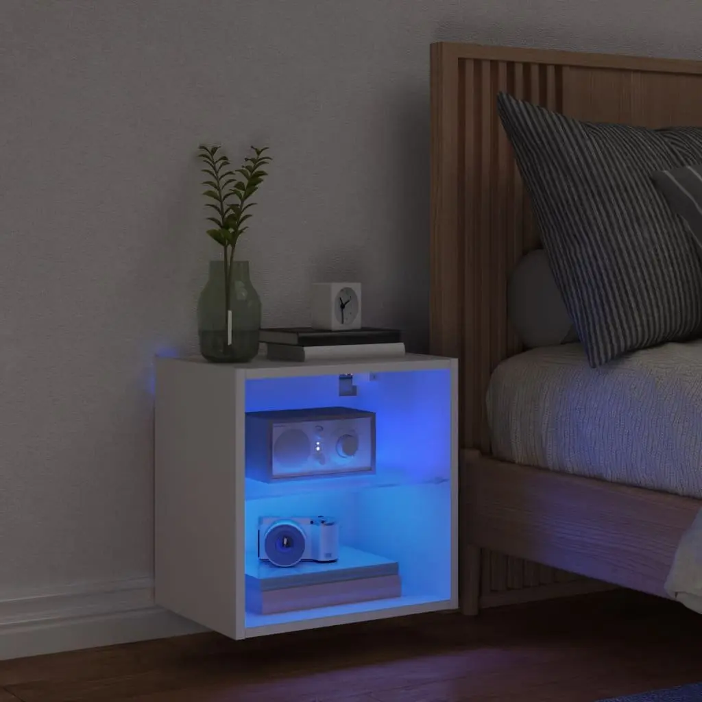 Bedside Cabinet White Wall-mounted with RGB LED Lights Storage Furniture