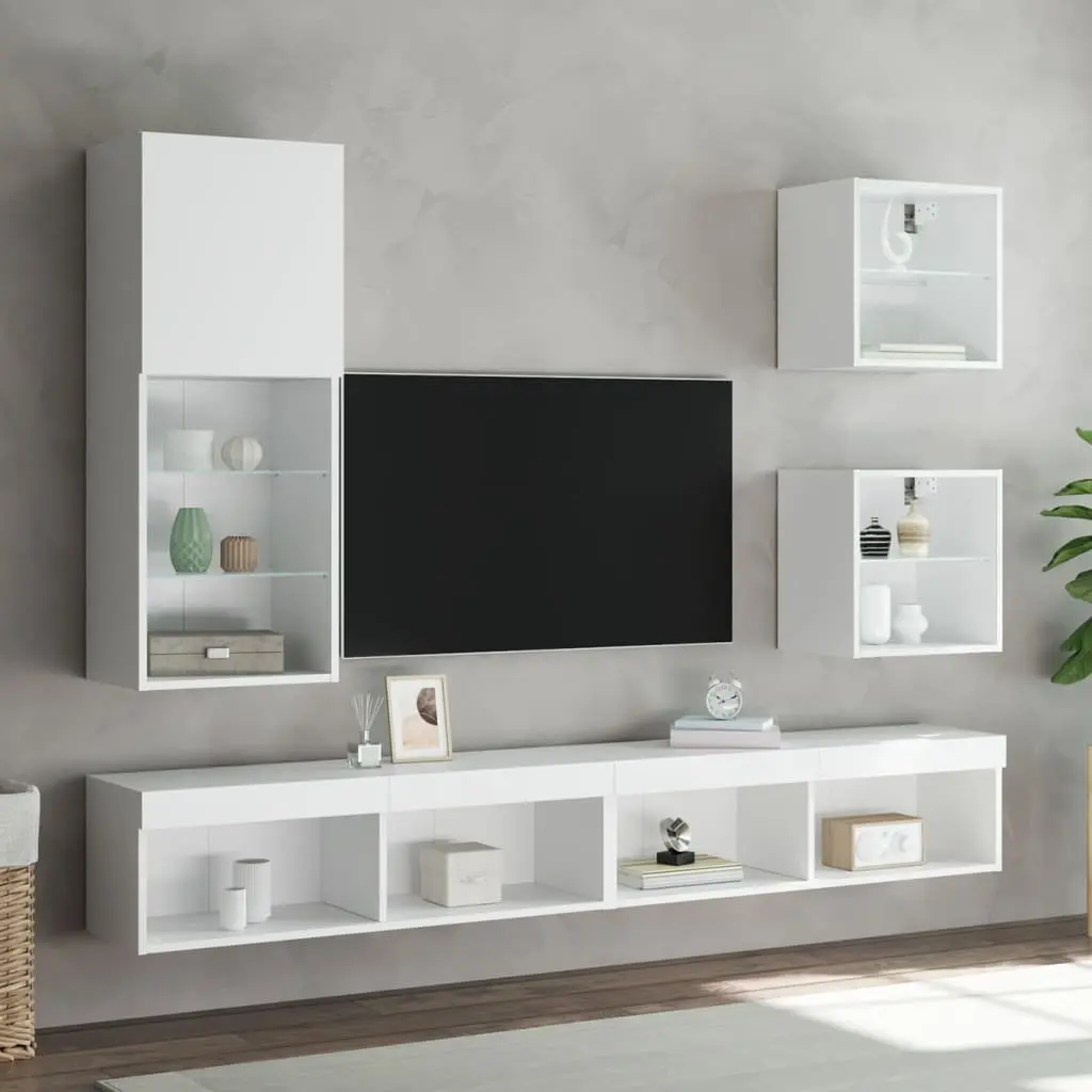 Bedside Cabinet White Wall-mounted with RGB LED Lights Storage Furniture