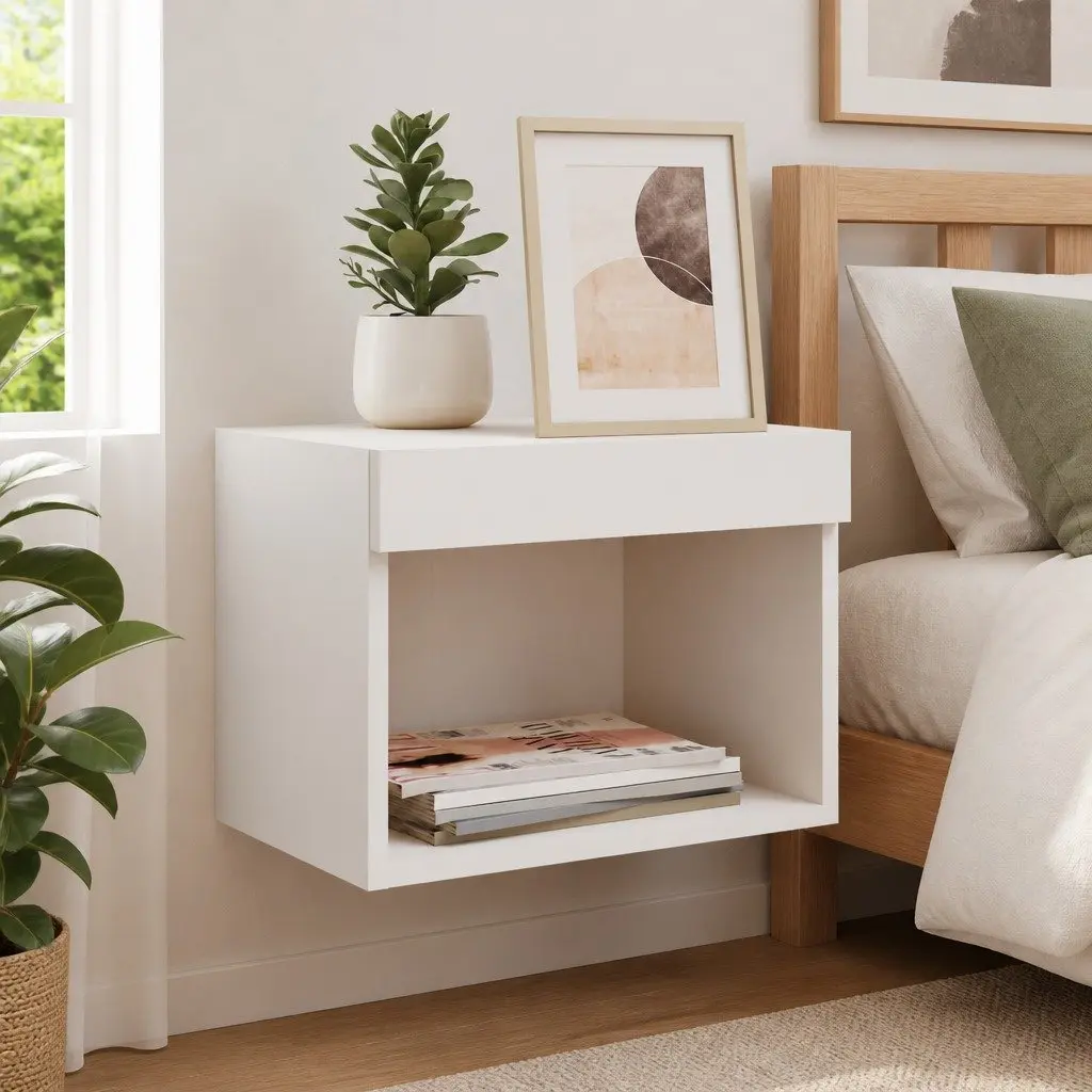Wall-mounted Bedside Cabinet White RGB LED Lights Storage