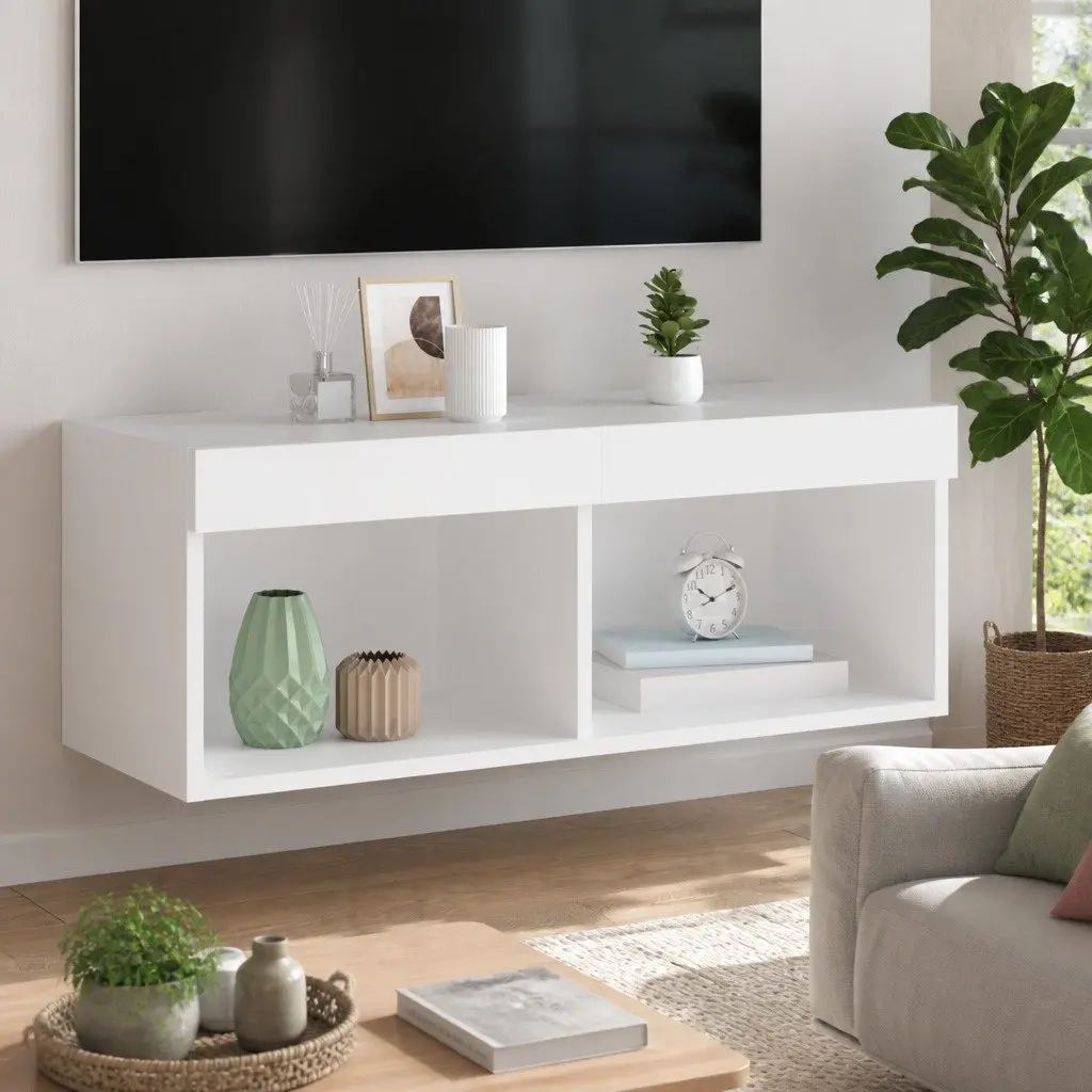 White TV Cabinet with RGB LED Lights and Storage