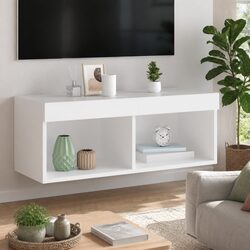 Compact White TV Cabinet with RGB LED Lights and Storage