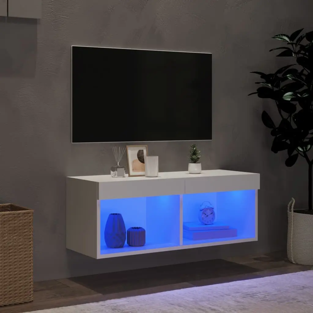 White TV Cabinet with RGB LED Lights and Storage