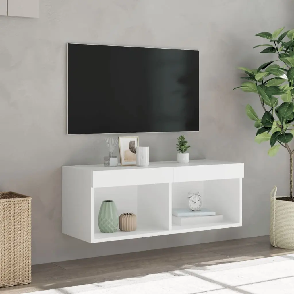 White TV Cabinet with RGB LED Lights and Storage