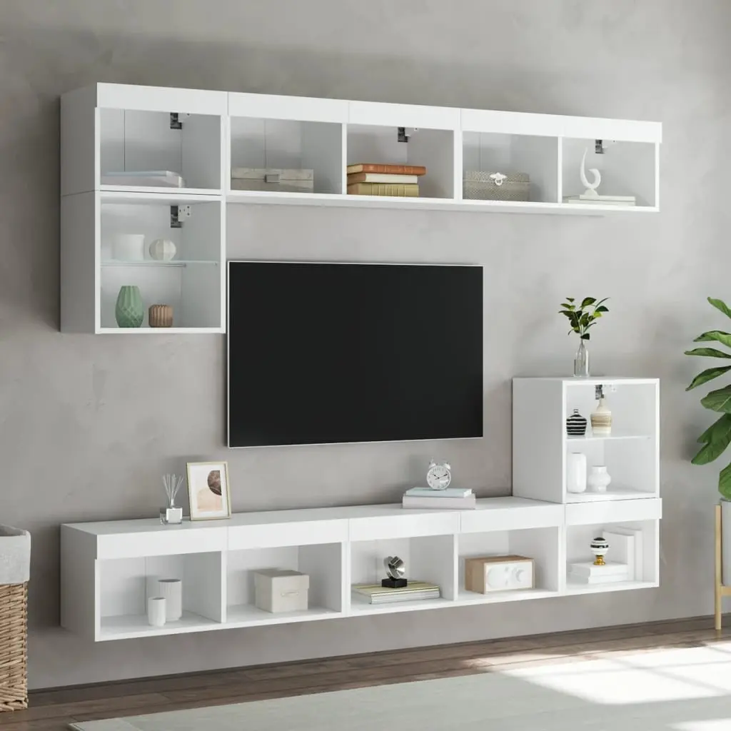 TV Cabinet White 80x30x30cm Wall-Mounted with RGB LED Lights Set of 2