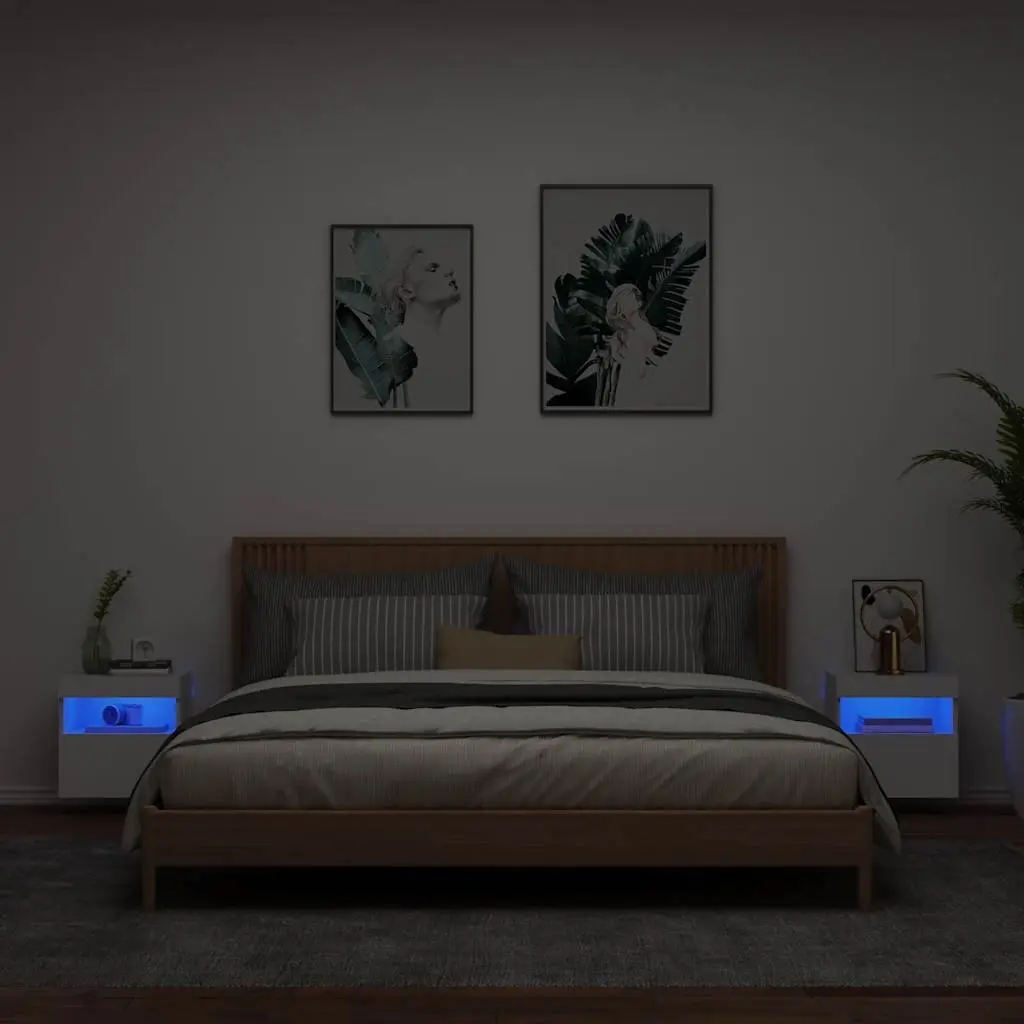 TV Wall Cabinets White 2pc Floating Storage Unit RGB LED Lights
