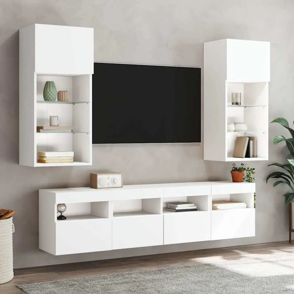 TV Wall Cabinets White 2pc Floating Storage Unit RGB LED Lights