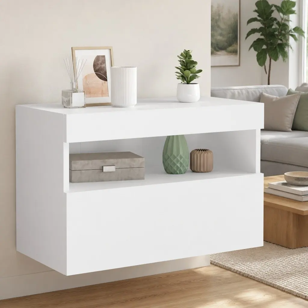 Floating Media Unit White 60x30x40cm RGB LED Lights Wall Mounted Storage Cabinet