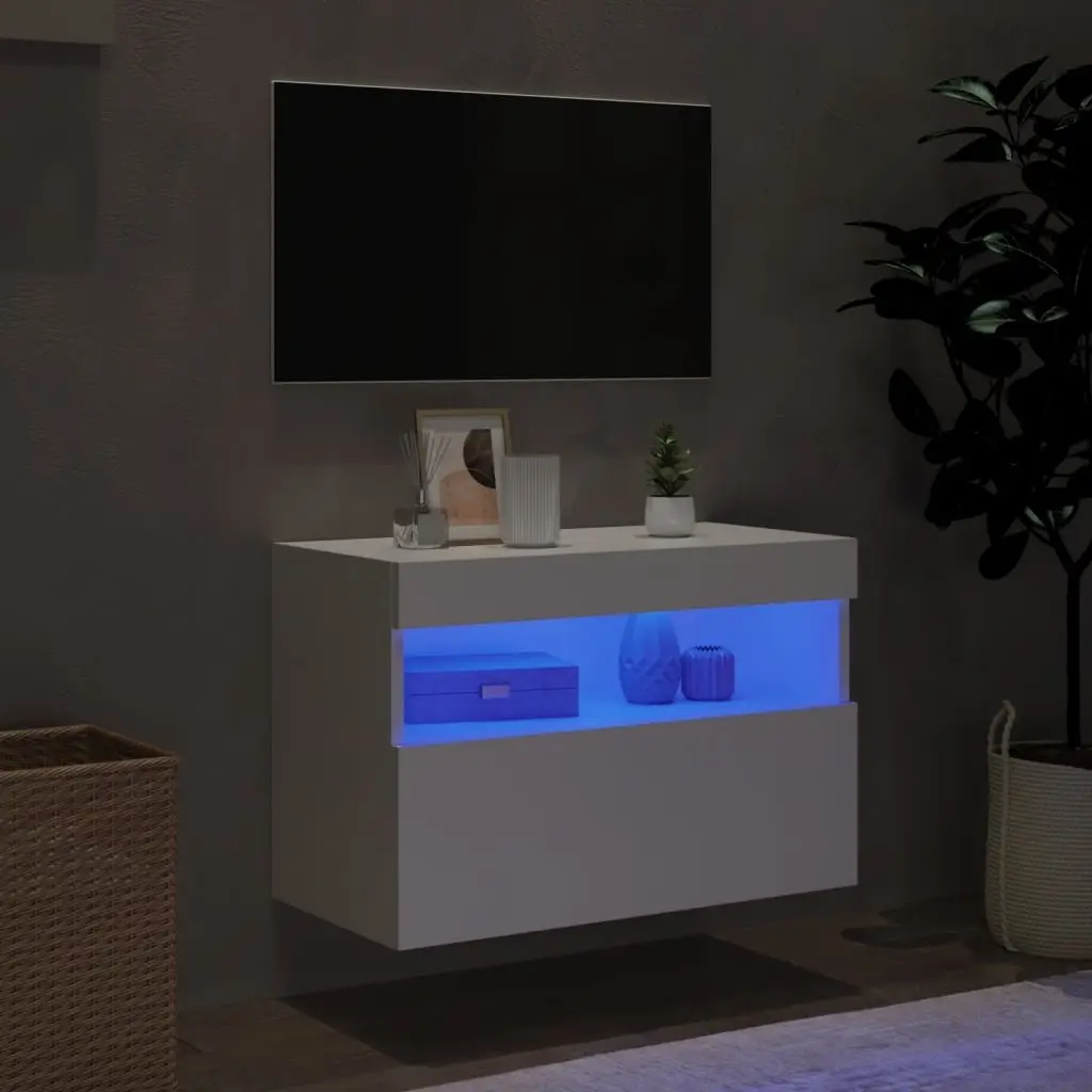 Floating Media Unit White 60x30x40cm RGB LED Lights Wall Mounted Storage Cabinet