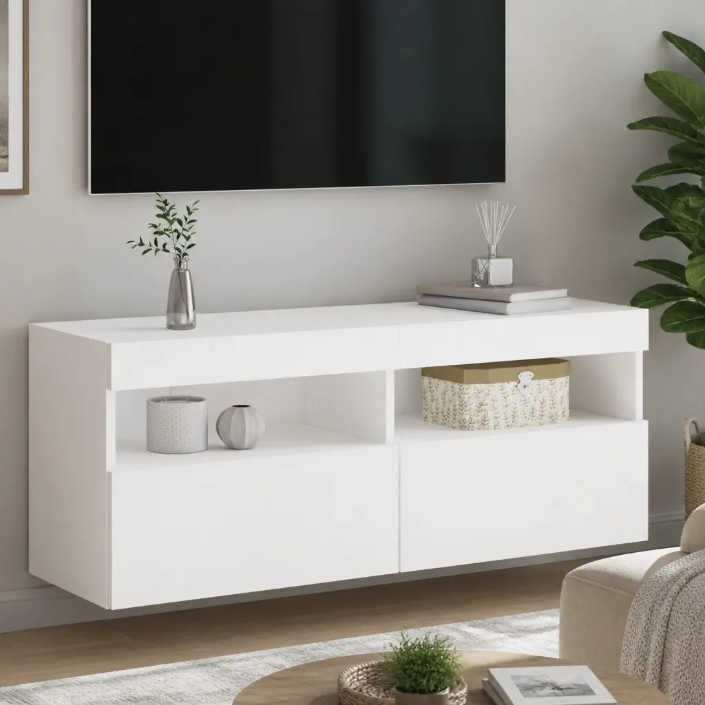 TV Wall Cabinet with RGB LED Lights White Floating Media Storage Unit