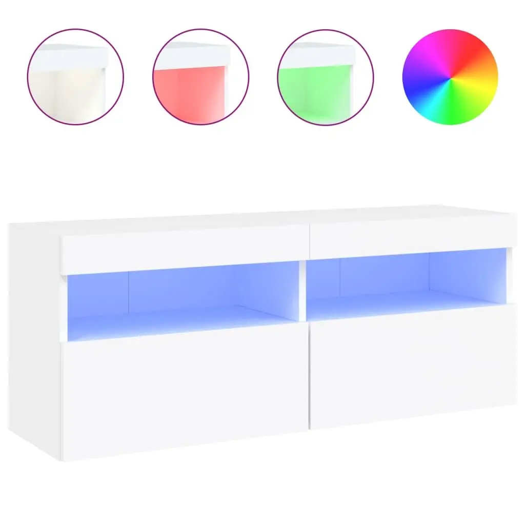 TV Wall Cabinet with RGB LED Lights White Floating Media Storage Unit