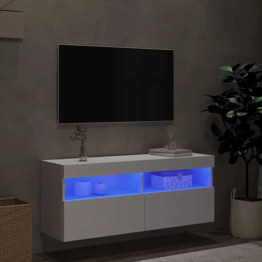 TV Wall Cabinet with RGB LED Lights White Floating Media Storage Unit