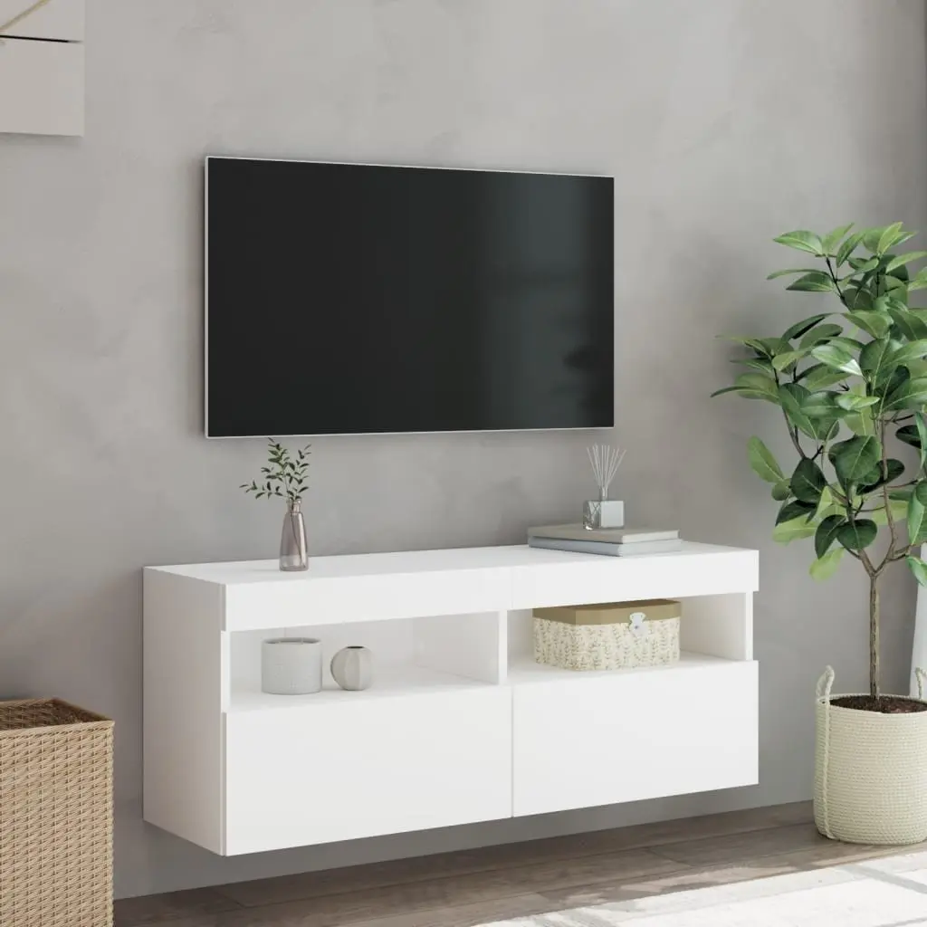 TV Wall Cabinet with RGB LED Lights White Floating Media Storage Unit