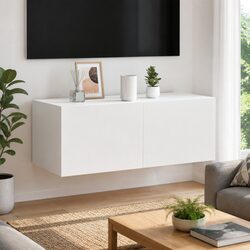 White TV Wall Cabinet with RGB LED Lights Floating Media Unit Storage 80x35x31cm