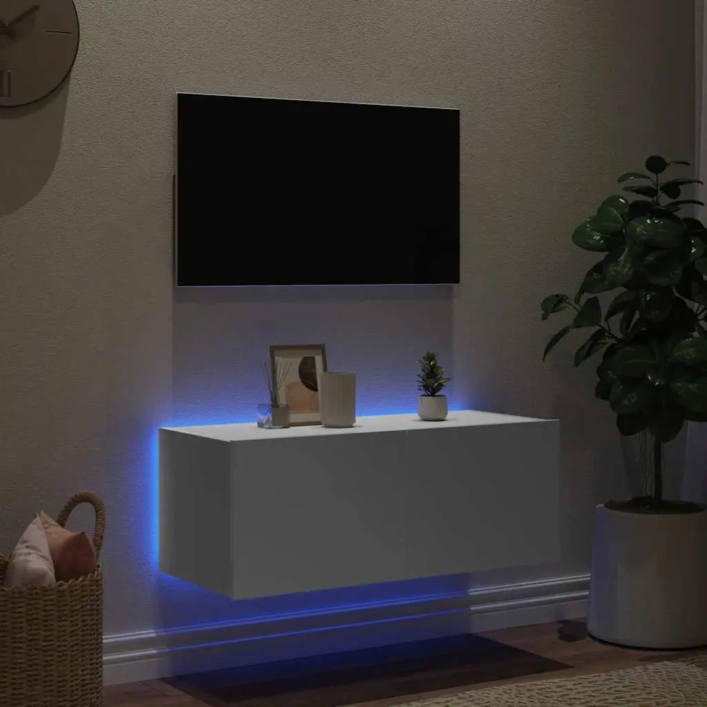 White TV Wall Cabinet 80x35x31cm with RGB LED Lights Floating Media Unit Storage
