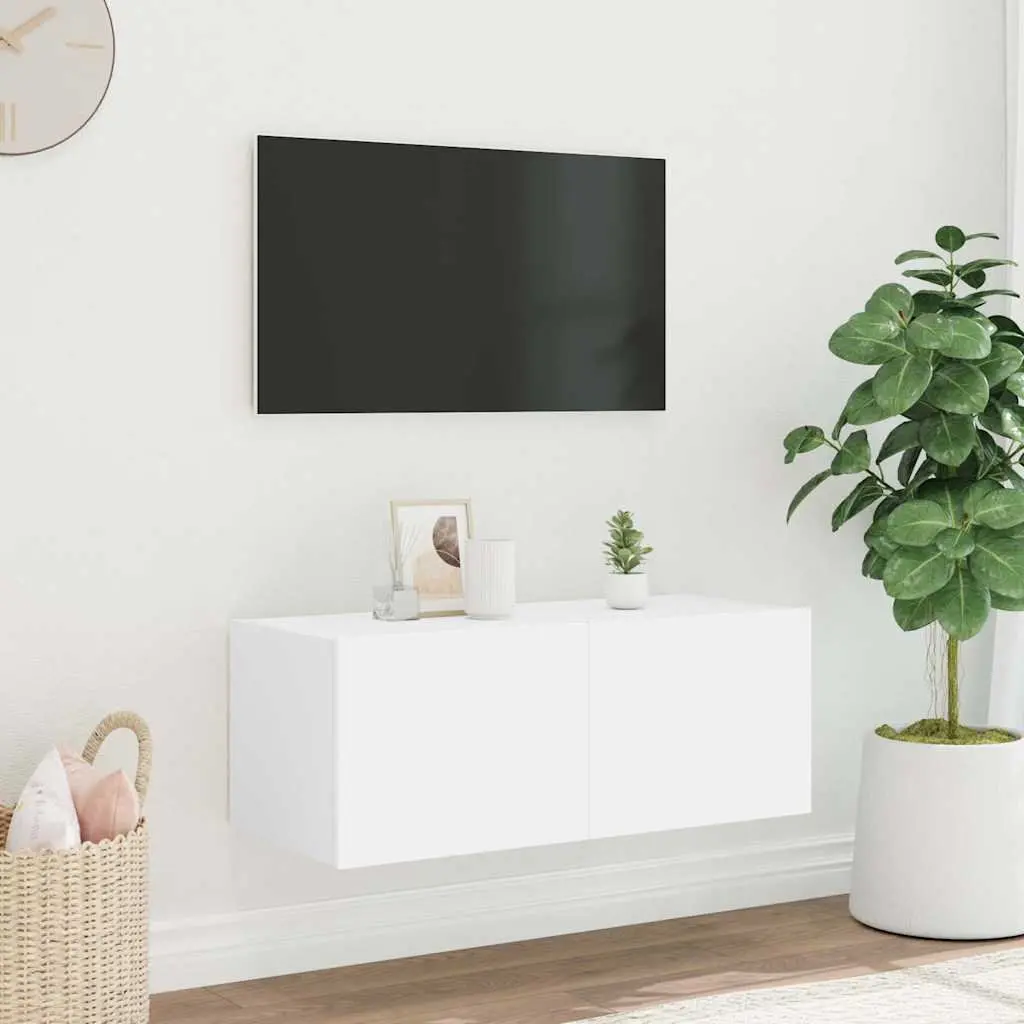 White TV Wall Cabinet 80x35x31cm with RGB LED Lights Floating Media Unit Storage