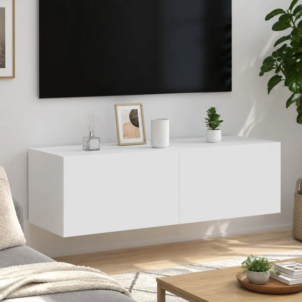 Wall-Mounted TV Cabinet White RGB LED Lights Storage Unit 100x35x31cm Engineered Wood