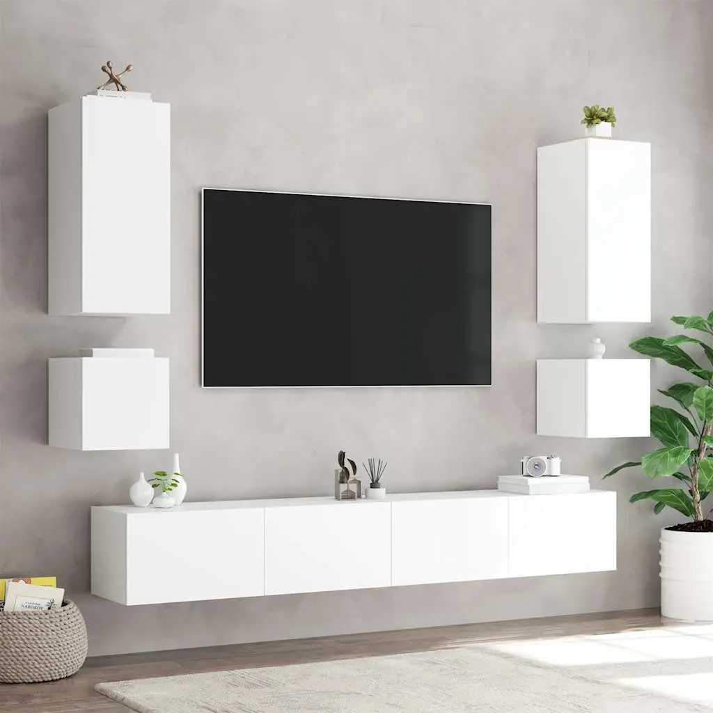Wall-Mounted TV Cabinet White RGB LED Lights Storage Unit 100x35x31cm Engineered Wood