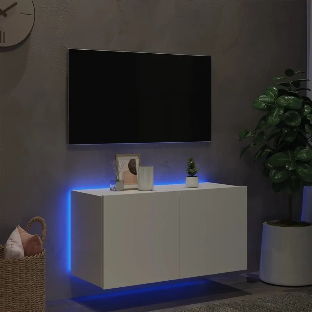 TV Wall Cabinet White LED Lights Storage Unit Floating Media Console Shelf