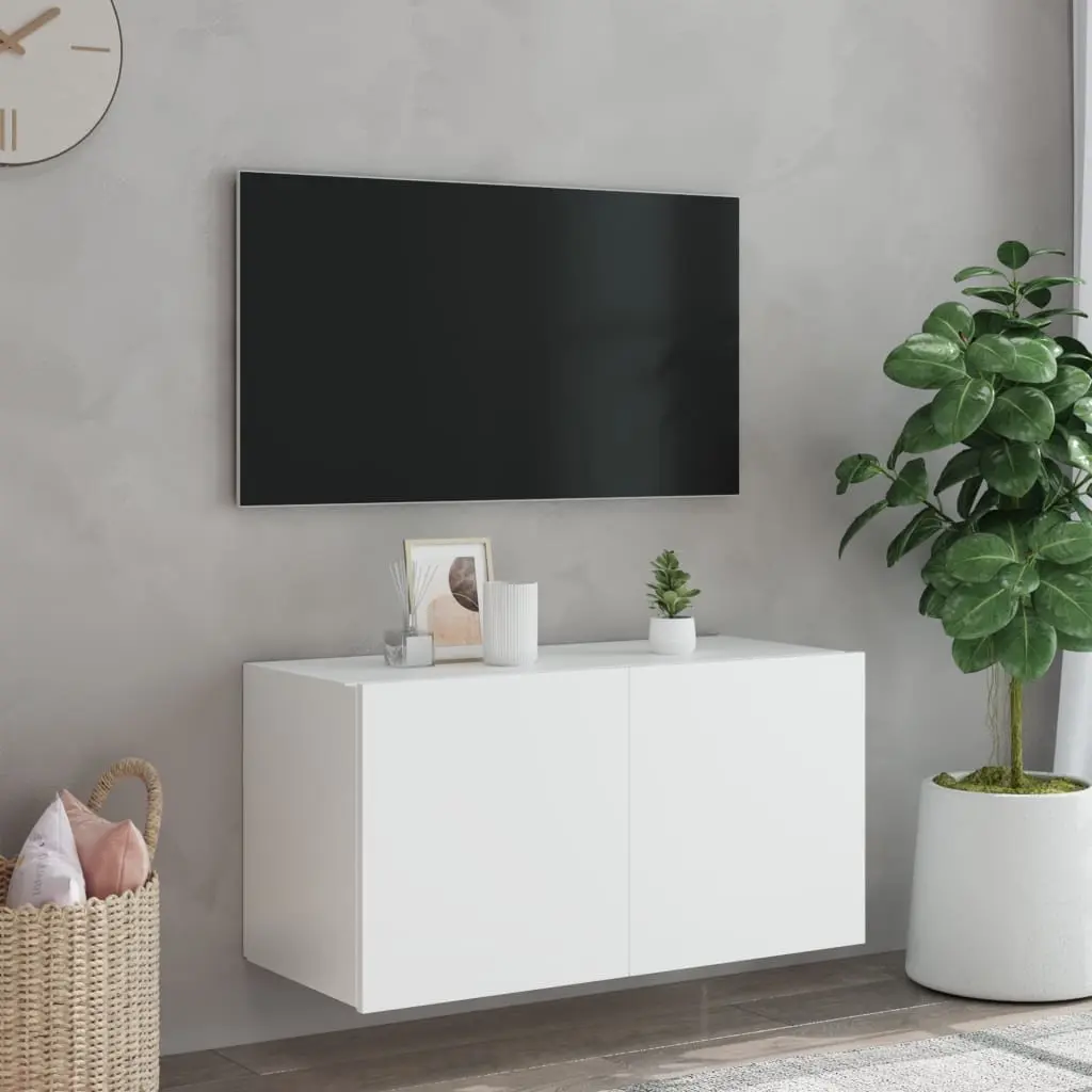 TV Wall Cabinet White LED Lights Storage Unit Floating Media Console Shelf