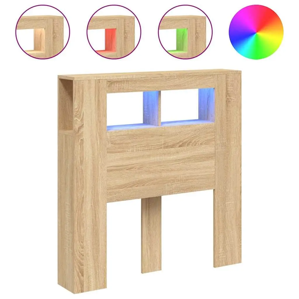 LED Headboard Brown Engineered Wood RGB Lights Modern Bedroom Furniture Storage