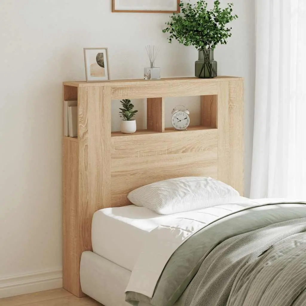 LED Headboard Brown Engineered Wood RGB Lights Modern Bedroom Furniture Storage