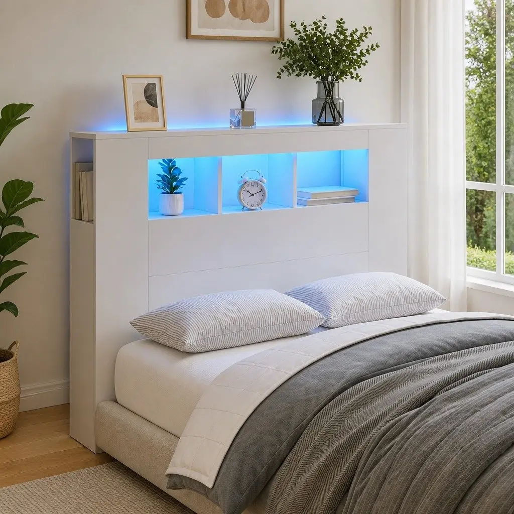 LED Headboard White 120cm Engineered Wood RGB Lights Storage Display