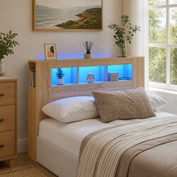 Compact 140 cm Brown LED Headboard with Storage Space