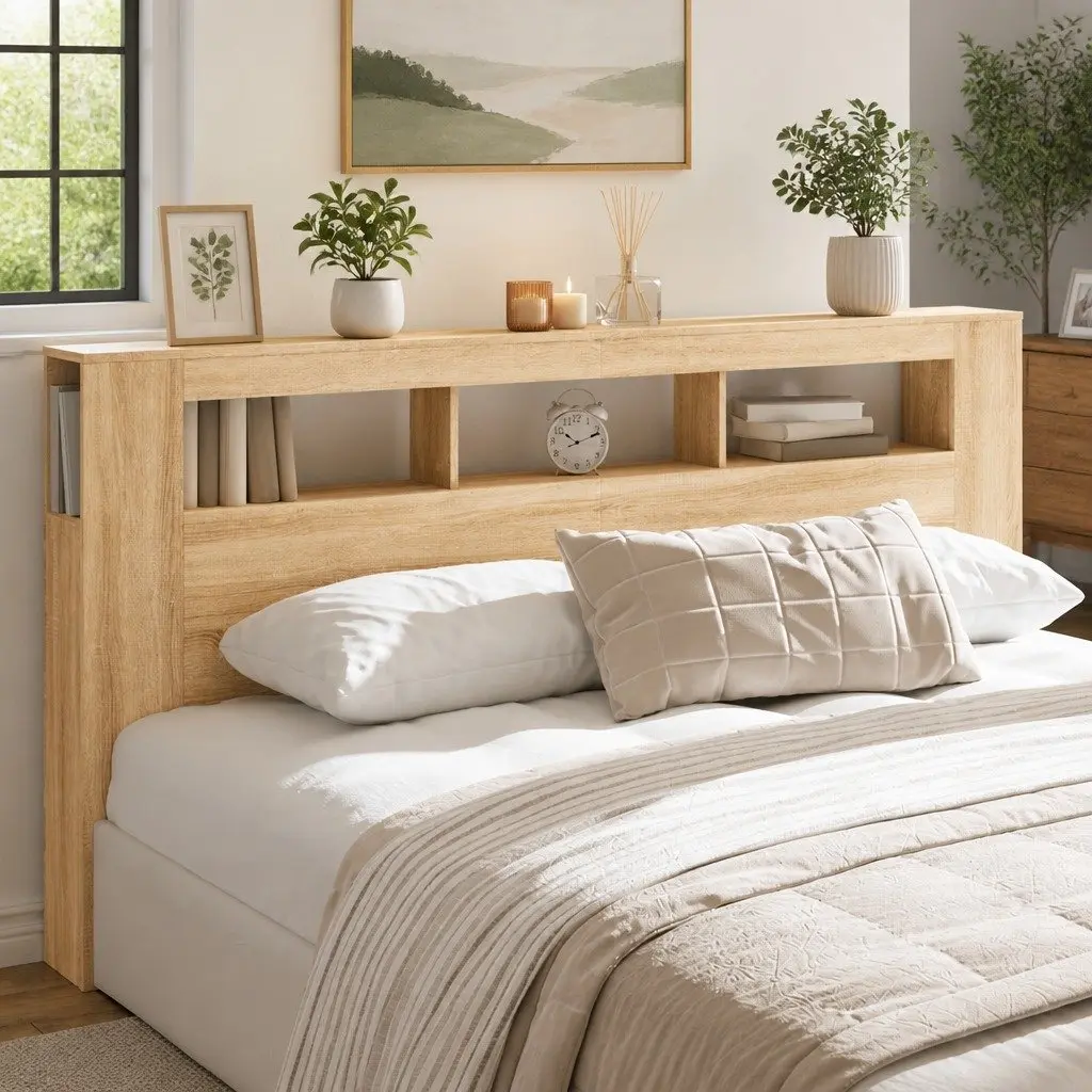 LED Headboard Brown 200cm Engineered Wood with RGB Lights and Storage