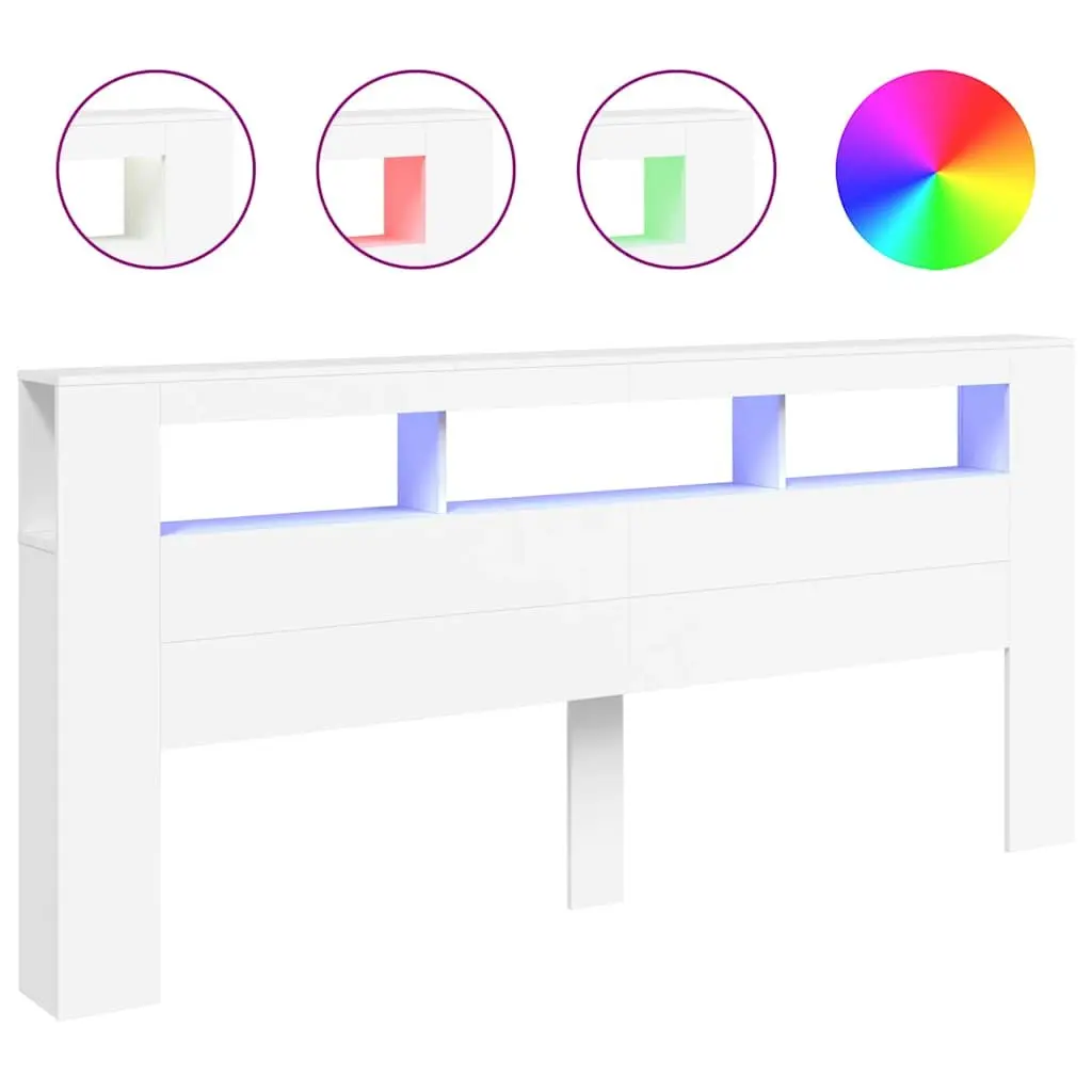 LED Headboard White 220 cm Modern Bedroom Engineered Wood RGB Lighting Storage