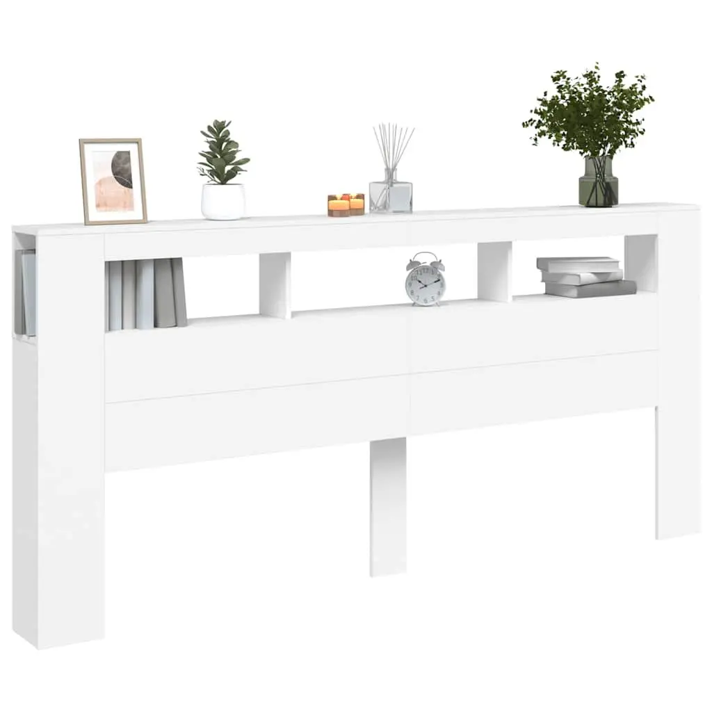 LED Headboard White 220 cm Modern Bedroom Engineered Wood RGB Lighting Storage