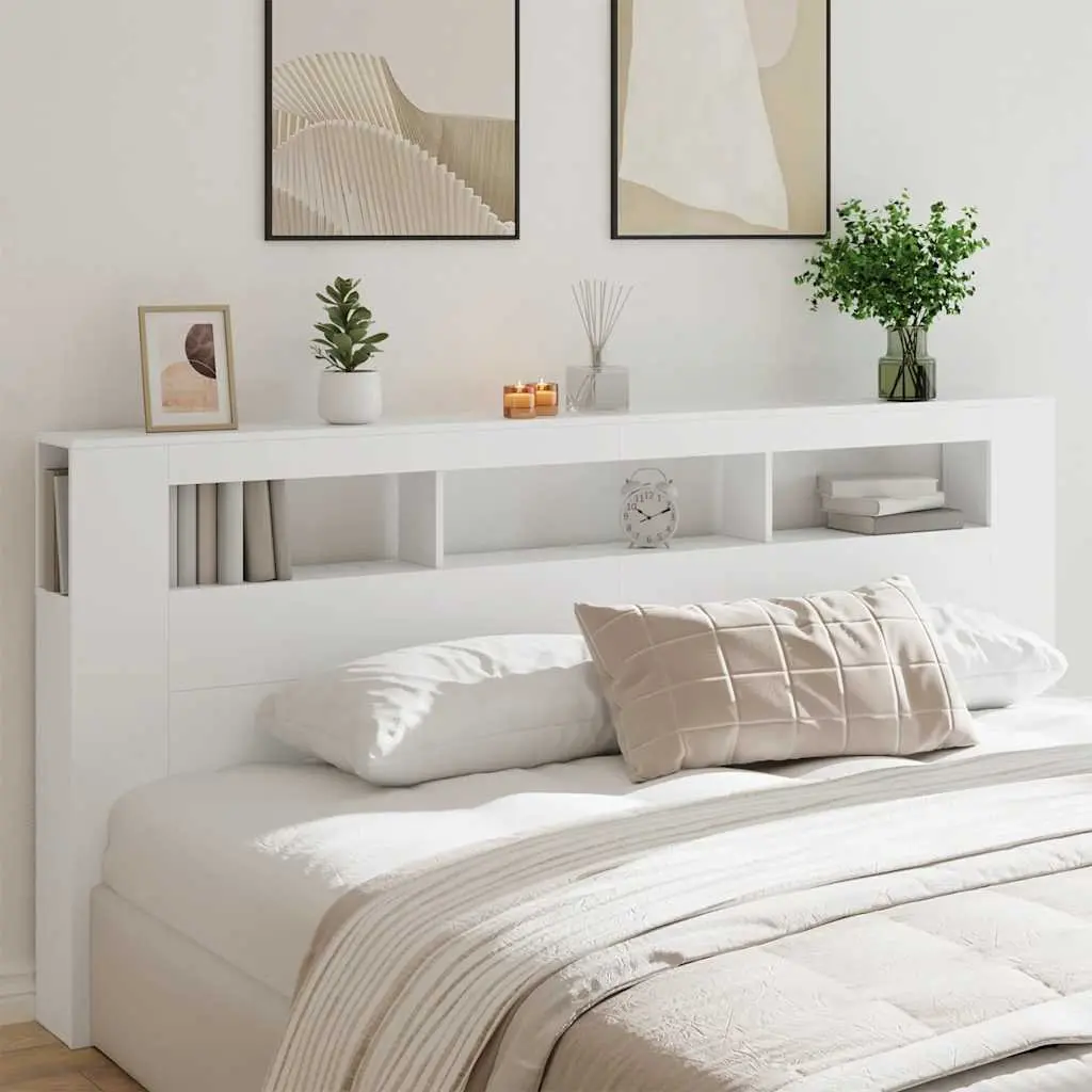 LED Headboard White 220 cm Modern Bedroom Engineered Wood RGB Lighting Storage