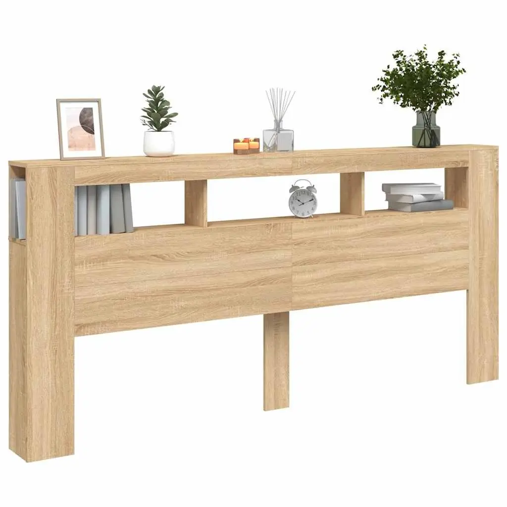 LED Headboard Brown 220cm Engineered Wood RGB Lights Storage Display