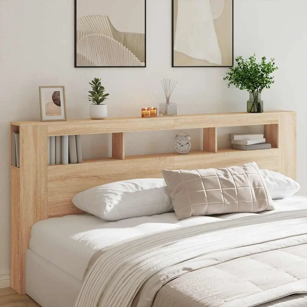 LED Headboard Brown 220cm Engineered Wood RGB Lights Storage Display