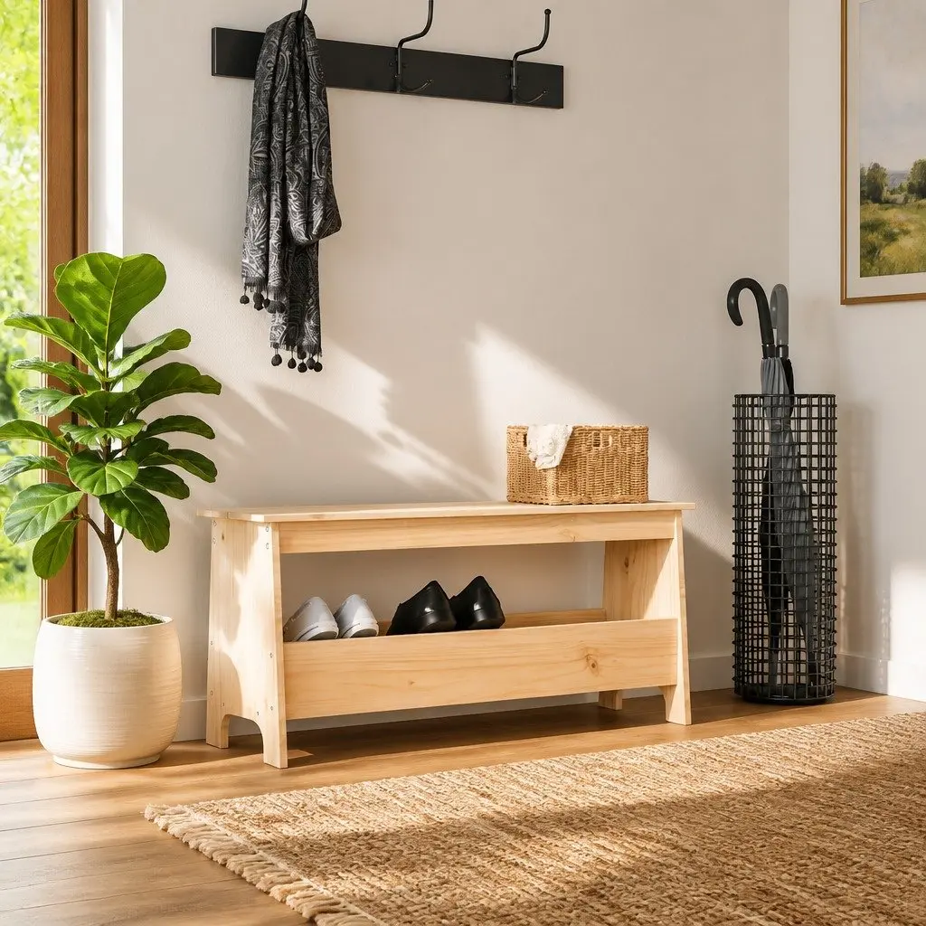 Brown Solid Pine Hall Bench with Ample Storage 100x28x45cm