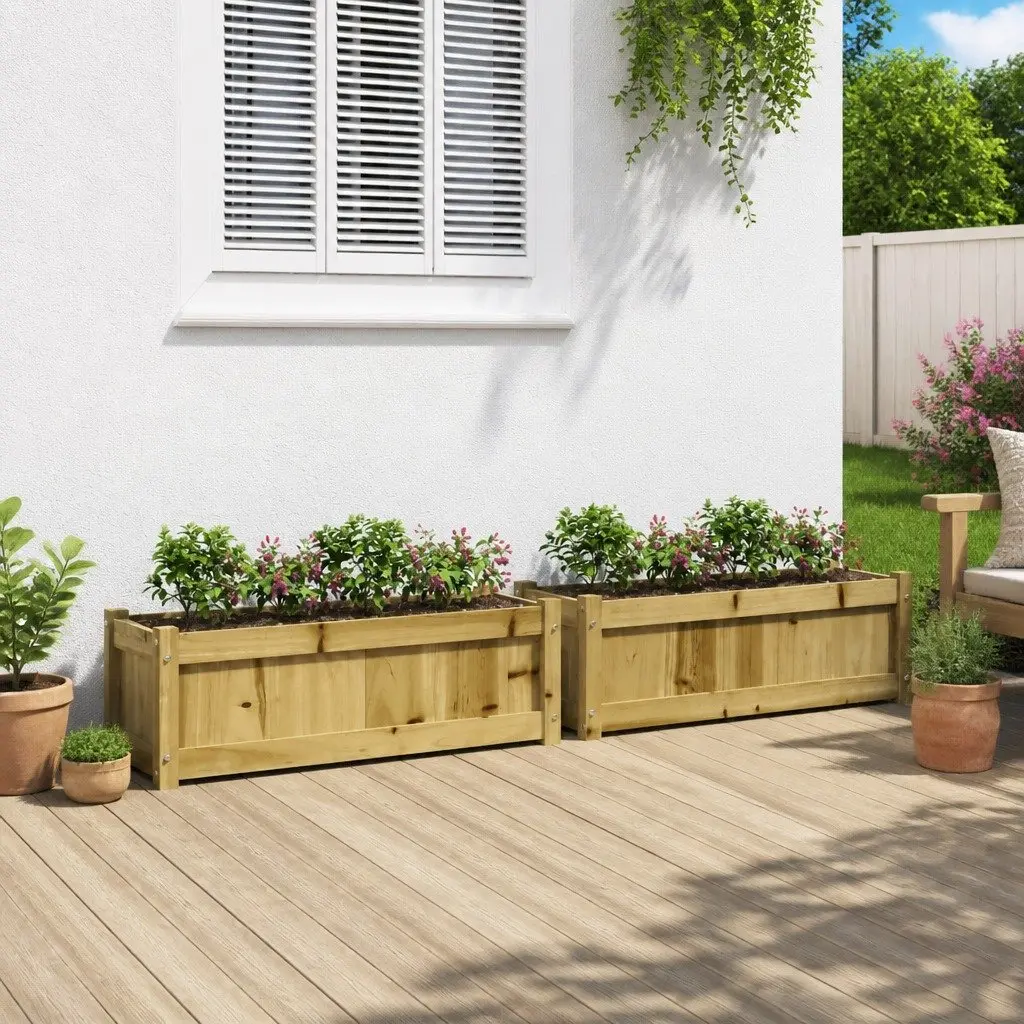 Wooden Garden Planters Brown 2 Piece Impregnated Pine Outdoor Patio Flower Pot Box