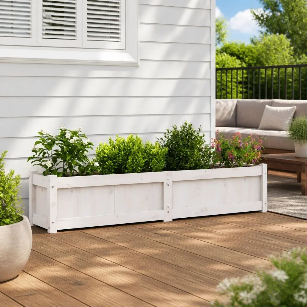 Garden Planter Box White Solid Pine Wood Outdoor Patio 150 x 31 x 31 cm Ample Planting Space