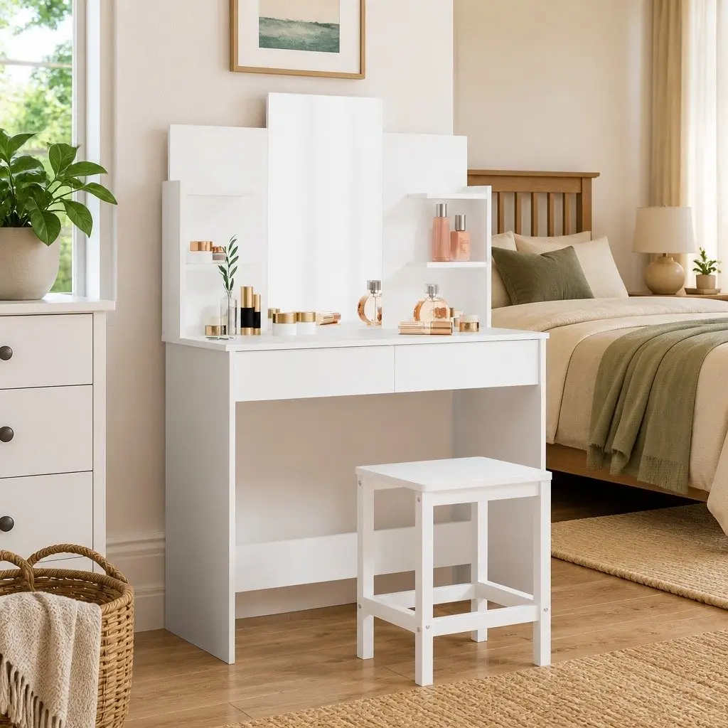 Dressing Table White with Mirror 2 Drawers 4 Shelves