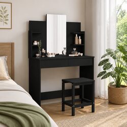 Dressing Table with Mirror Black Bedroom Vanity Unit Storage Drawers Shelves