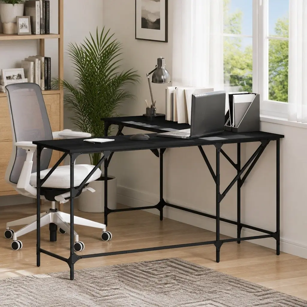 L-Shaped Desk Black Corner Computer Workstation Industrial Metal Frame Engineered Wood