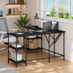 L-Shaped Desk with Shelves in Black